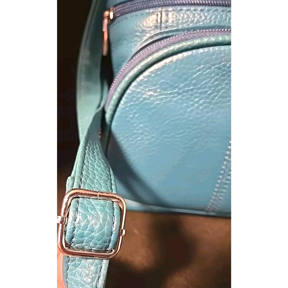 Genuine Cross Body Purse Bag, Multi-Pocket Teal Aqua Blue